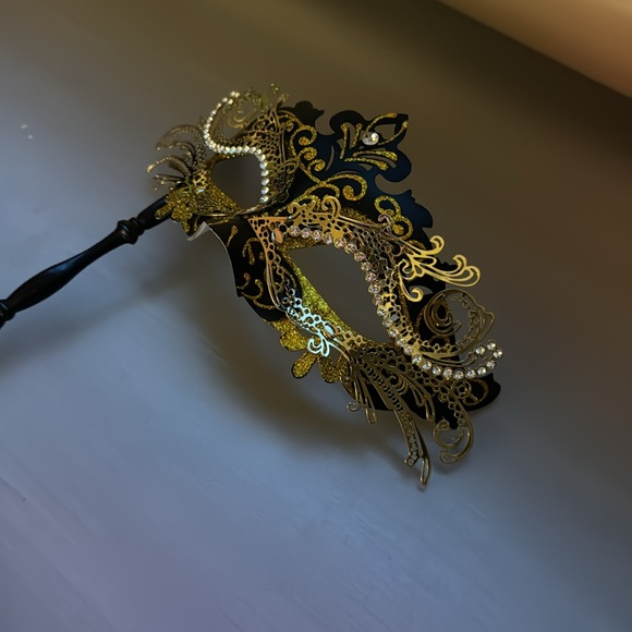 Masquerade Mask Hand Held Black Gold Silver - Picture 3 of 4
